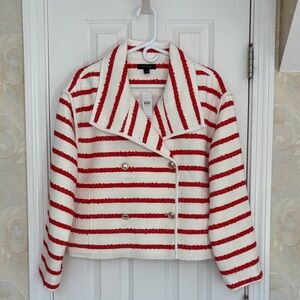 Ann Taylor Striped Red and White Double-breasted Cotton Blend Tweed Jacket. NWT